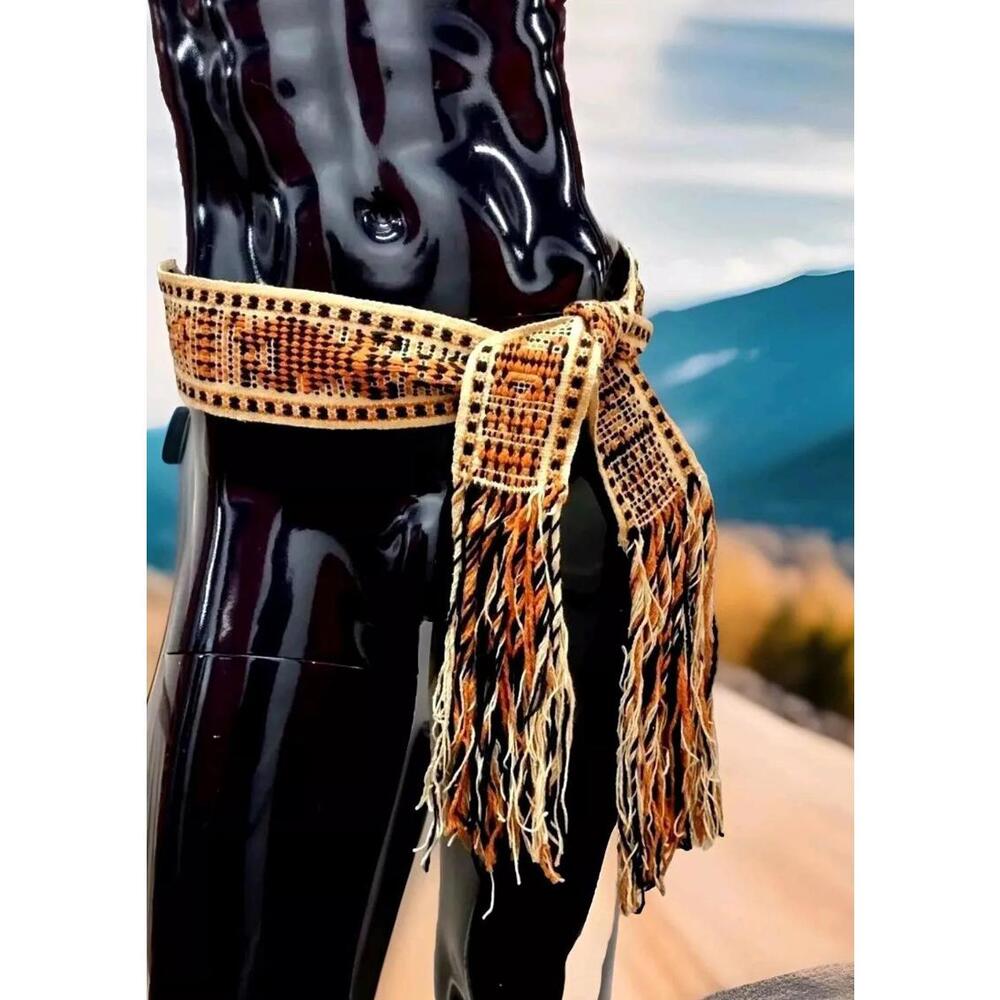 Woven Tribal Wide Belt Fringe Sash Mayan People African Pumpkin Orange Ethnic